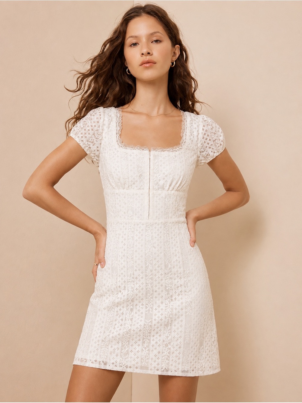 Beverly and Beck Short Sleeve Belle Lace Trim  Corset Eyelet Cream Mini Dress S